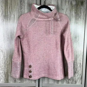 Prana Lucia Sweater Small Pink Mock Neckline Recycled Wool Blend Herringbone